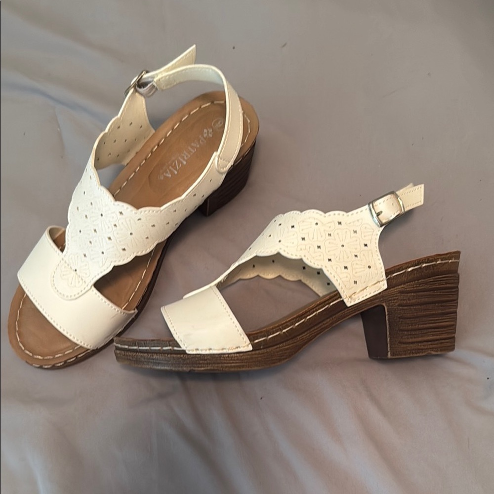White and Brown Sandals with Block Heel and Perforated Design